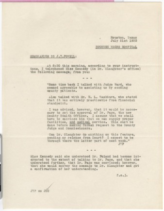 Memorandum from F. O. J. to J. Y. Powell, 1933 July 21