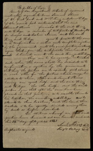 Agreement to transfer headrights for league and labor claims to William P. King and James Riley