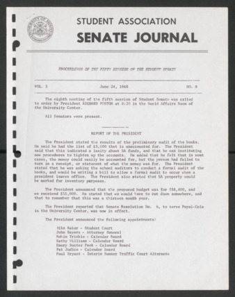 Senate Journal, Fifth Senate, University of Houston Student Government Association, Minutes, Vol. 5, No. 8, June 24, 1968