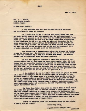 Copy of letter from Carrie Chapman Catt to Mrs. J. J. Hardin, confirming receipt of her note and the enclosed bulletin by James E. Ferguson