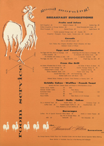 Shamrock Hotel breakfast room service menu