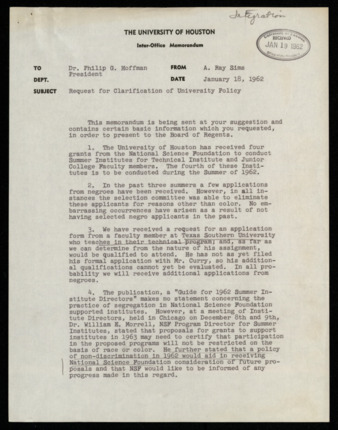 Memorandum from A. Ray Sims to Philip G. Hoffman, requesting clarification of university policy