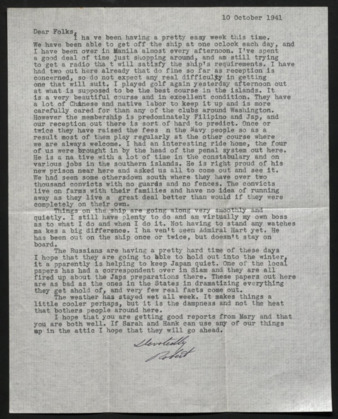 Letter from Lt. Robert B. Fulton to Mr. and Mrs. Fulton, William L., 1941 October 10