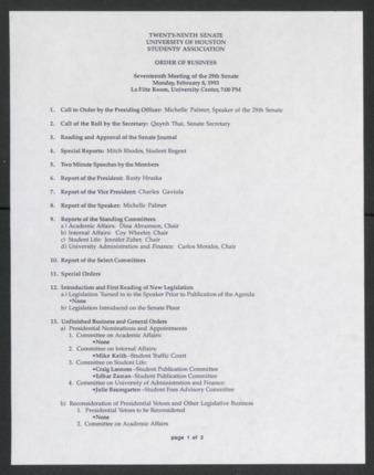 Twenty-ninth Senate, University of Houston, Students' Association, Order of Business, Seventeen Meeting, February 8, 1993