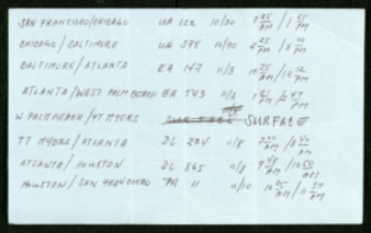 Handwritten notes by Fritz Leiber, regarding flight information