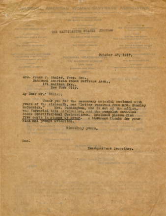 Correspondence Concerning the Handicapped States Program, 1917 October