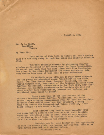 Correspondence between Mr. J. L. Smith and Minnie Fisher Cunningham