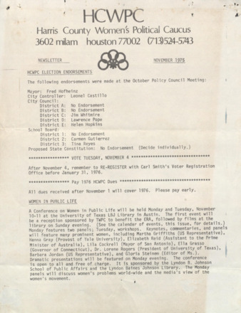 Harris County Women's Political Caucus, November 1975