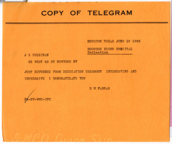 Telegram from R. M. Farrar to J. S. Cullinan
