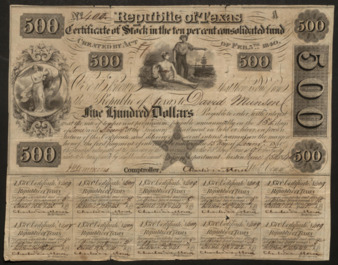 Republic of Texas Certificate of Stock to David Munson