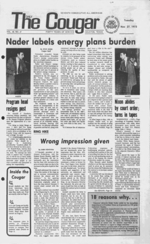 The Daily Cougar. Vol. 40, No. 47, November 27, 1973.