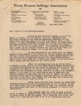 Letter from Minnie Fisher Cunningham to the executive board of the Texas Woman Suffrage Association, 1916 May 3