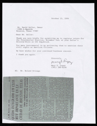 Letter from Mary S. Lopez to David Seller, October 15, 2004