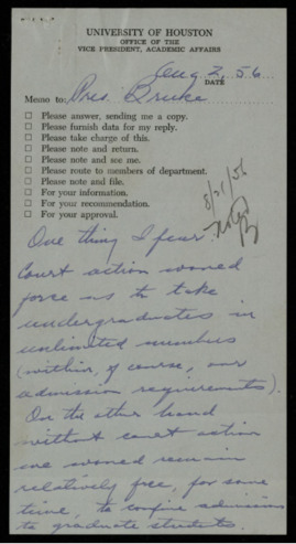 Memorandum to A. D. Bruce, regarding a possible court order requiring admission of undergraduates into the university