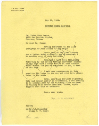 Letter from J. S. Cullinan to Dr. Peter Gray Sears, 1929 May 22