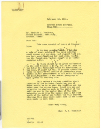Letter from J. S. Cullinan to Maurice J. Sullivan, 1931 February 18
