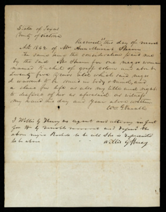 Bill of sale for an enslaved woman, Rachel