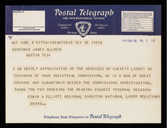 Telegram from Edwin A. Elliott to Governor James V. Allred, 1938 February 16