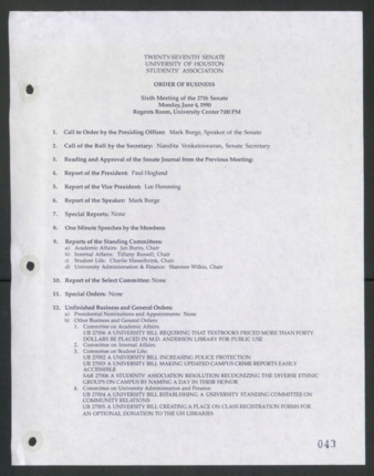 Twenty-seventh Senate, University of Houston, Students' Association, Order of Business, Sixth Meeting, June 4, 1990