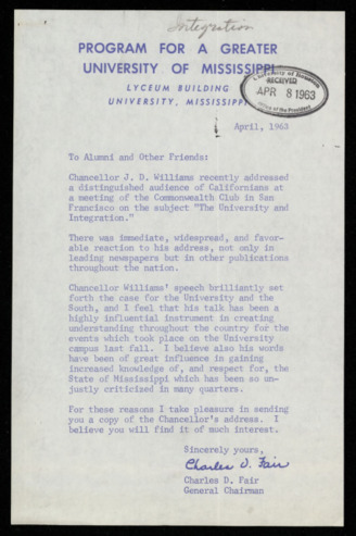 Letter from Charles D. Fair to Alumni and other friends, regarding a speech given by J. D. Williams