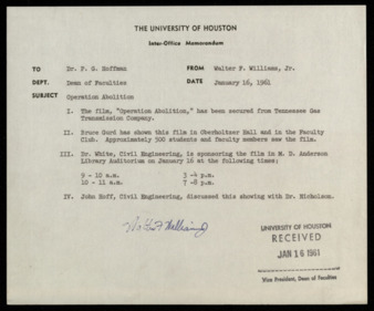 Memorandum from Walter F. Williams Jr. to Philip G. Hoffman, regarding the film "Operation Abolition"