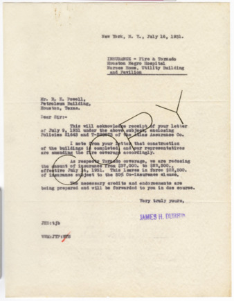 Letter from James H. Durbin to R. E. Powell, 1931 July 16