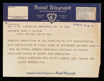 Telegram from Donald Henderson to Governor James V. Allred, 1938 February 17