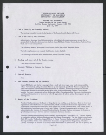 Thirty-second Senate, University of Houston, Students' Association, Order of Business [Minutes], Tenth Meeting, July 25, 1995