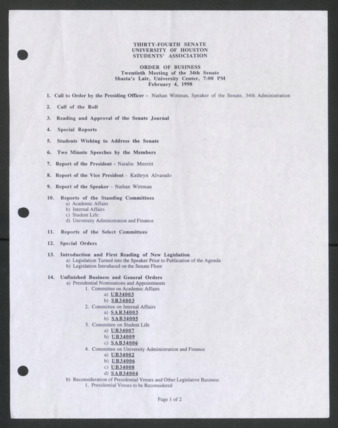 Thirty-fourth Senate, University of Houston, Students' Association, Order of Business [Agenda], Twentieth Meeting, February 4, 1998
