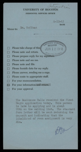 Memorandum to Philip G. Hoffman, informing him that the residence halls received their first "negro" application
