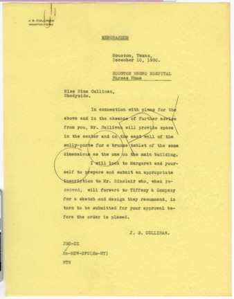 Memorandum from J. S. Cullinan to Nina Cullinan, 1930 December 10