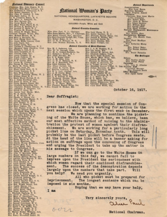 Letter from Alice Paul to Elizabeth Herndon Potter, with a handwritten note