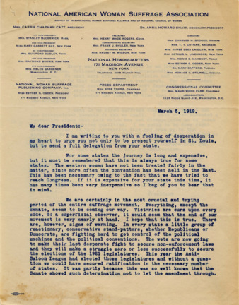 Letter from Carrie Chapman Catt to the President, urging her presence in St. Louis and to send a full delegation from her state