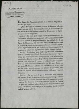 General announcement from José Joaquin de Herrera to the inhabitants of Mexico, April 1, 1845