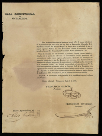 Printed declaration on the powers of Santa Anna and Martin Perfecto de Cos