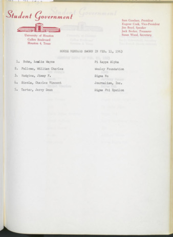 Hardbound Senate Journal, Student Government House Members Sworn in February 11, 1963