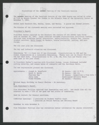 Senate Journal, Twentieth Senate, University of Houston Student Government Association, Minutes, Seventeenth Meeting, November 7, 1983