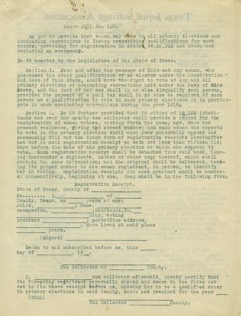 Copy of House Bill No. 105, regarding Texas Women's right to vote