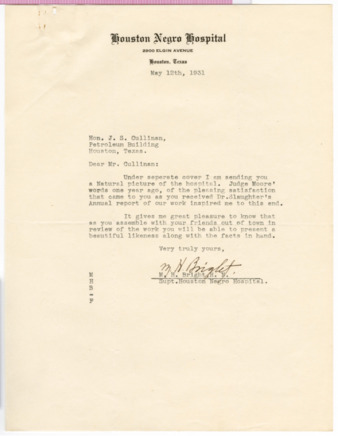 Letter from M. H. Bright to J. S. Cullinan, 1931 May 12