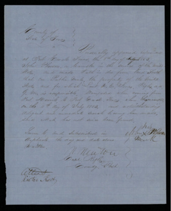 Sworn statement from John Pherson regarding a mule stampede during journey from Fort Merrill to Fort Ewell