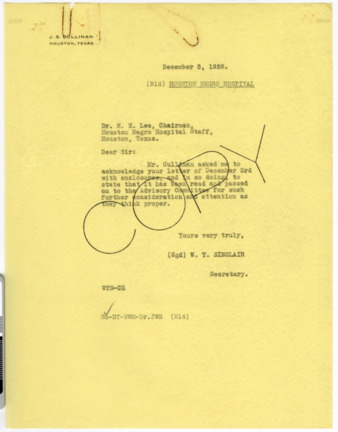 Letter from W. T. Sinclair to H. E. Lee, 1928 December 5