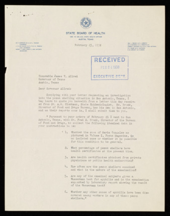 Letter from George W. Cox to Governor James V. Allred, 1938 February 23
