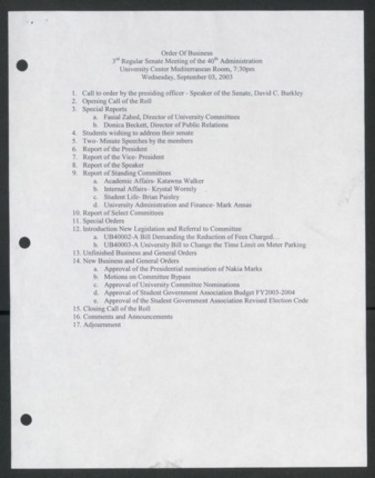 Order of Business [Agenda], 3rd Senate Meeting of the 40th Administration, September 3, 2003