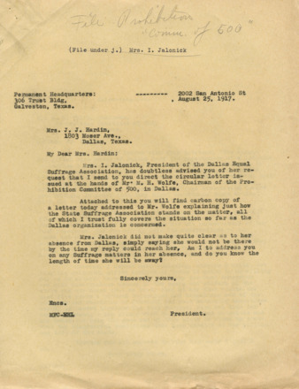 Correspondence regarding the Prohibition Committee of 500 in Dallas, 1917 August 25