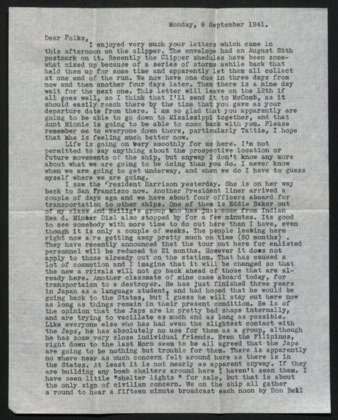 Letter from Lt. Robert B. Fulton to Mr. and Mrs. Fulton, William L., 1941 September 8