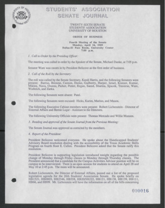 Senate Journal, Vol. 1, Twenty-sixth Senate Students' Association, University of Houston, Order of Business [Minutes], Fourth Meeting, April 24, 1989