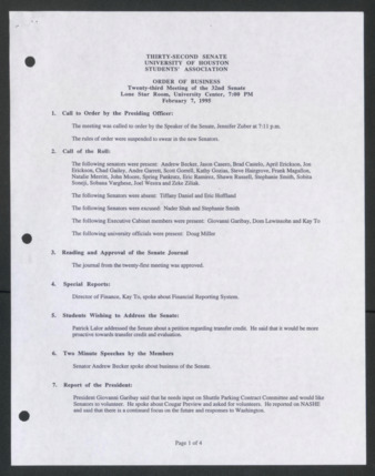 Thirty-second Senate, University of Houston, Students' Association, Order of Business [Minutes], Twenty-third Meeting, February 1996
