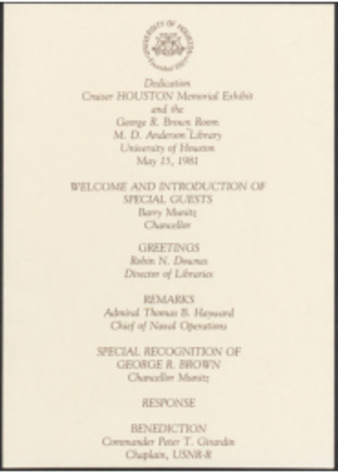 George R. Brown Room and Cruiser Houston Memorial Exhibit dedication program and information pamphlet
