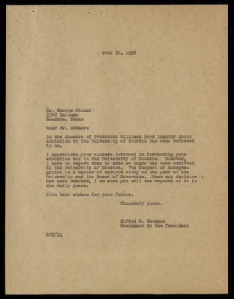 Correspondence between Alfred R. Neumann and George Stiner, regarding pursuing his education at the university