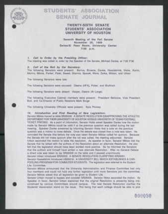 Senate Journal, Vol. 1, Twenty-sixth Senate Students' Association, University of Houston, Seventh Meeting, Fall Senate, November 20, 1989